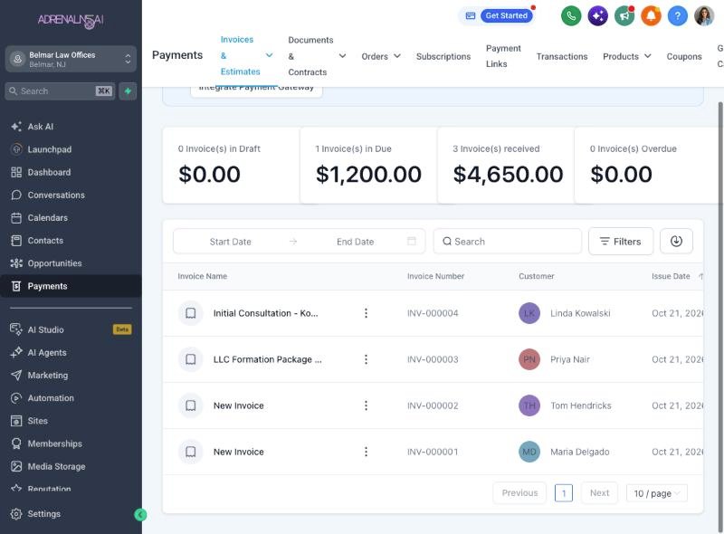 Invoices dashboard with paid and due totals