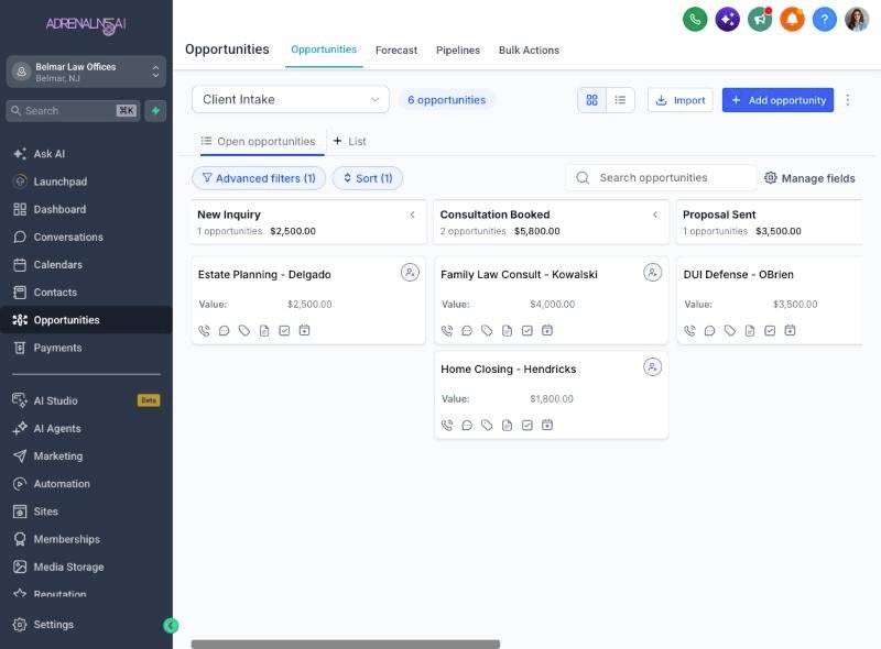 Sales pipeline board with leads across stages