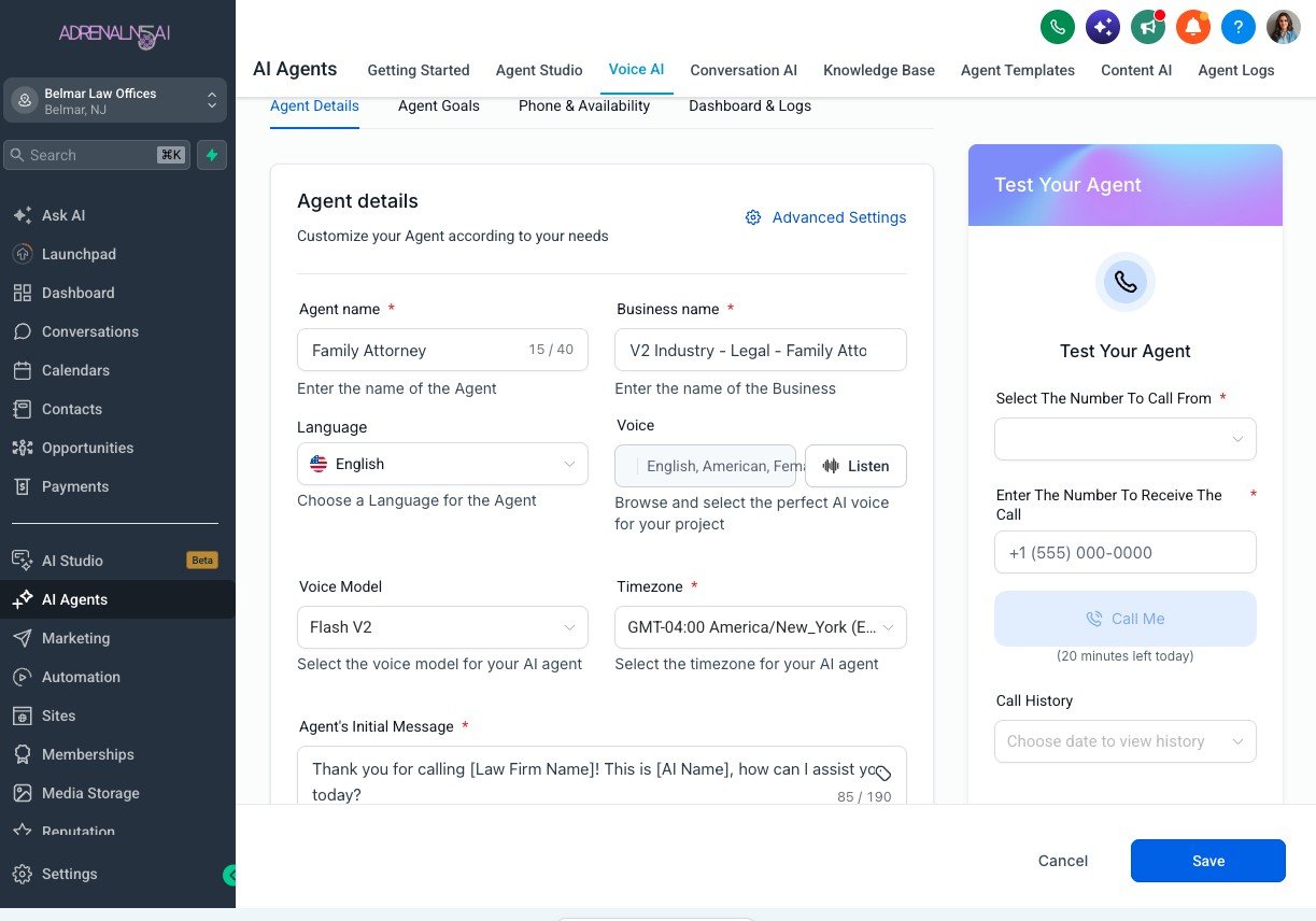 Voice AI agent setup screen with a Test Your Agent panel
